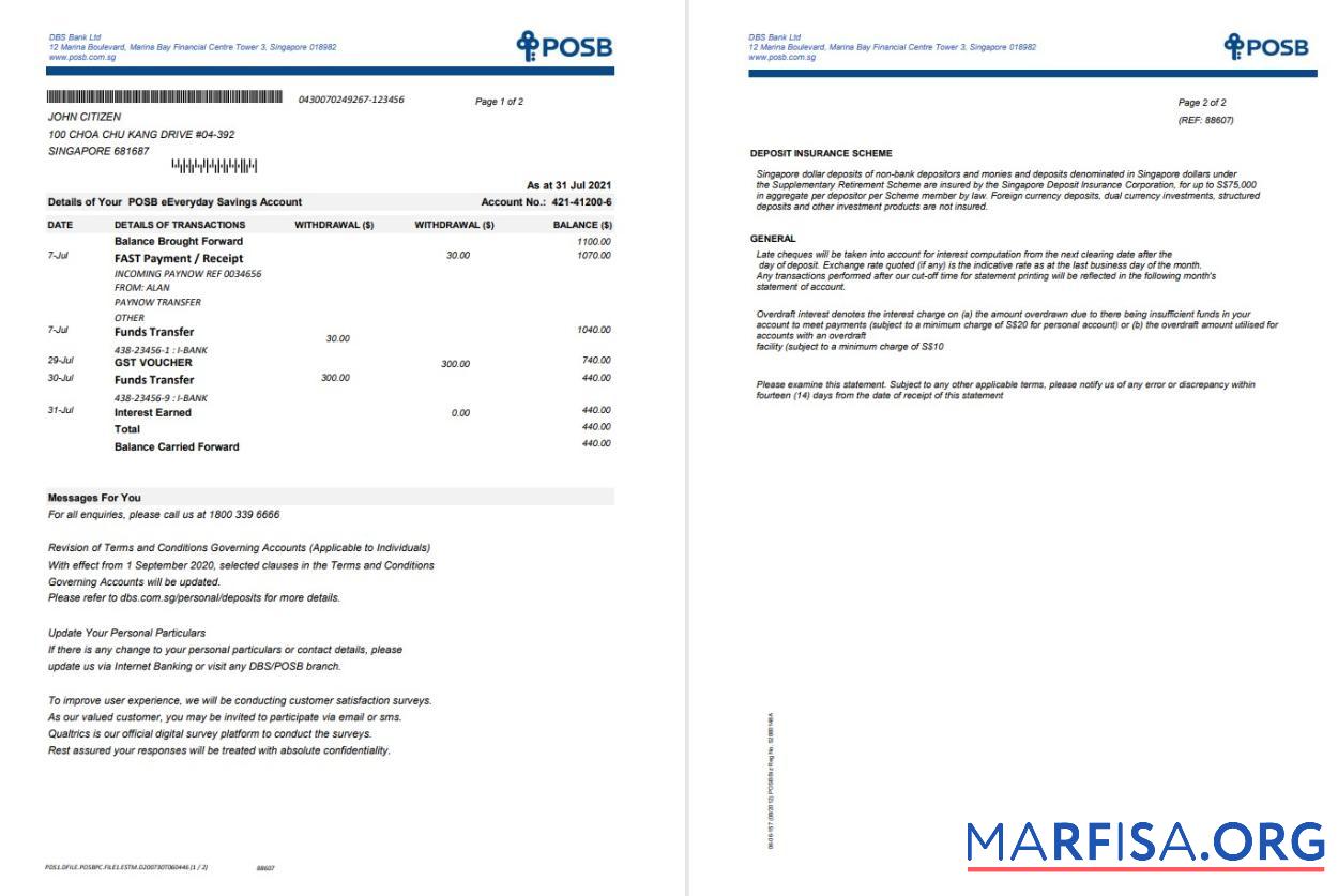 Downloadable Singapore DBSbank statement word 2 pages sample
